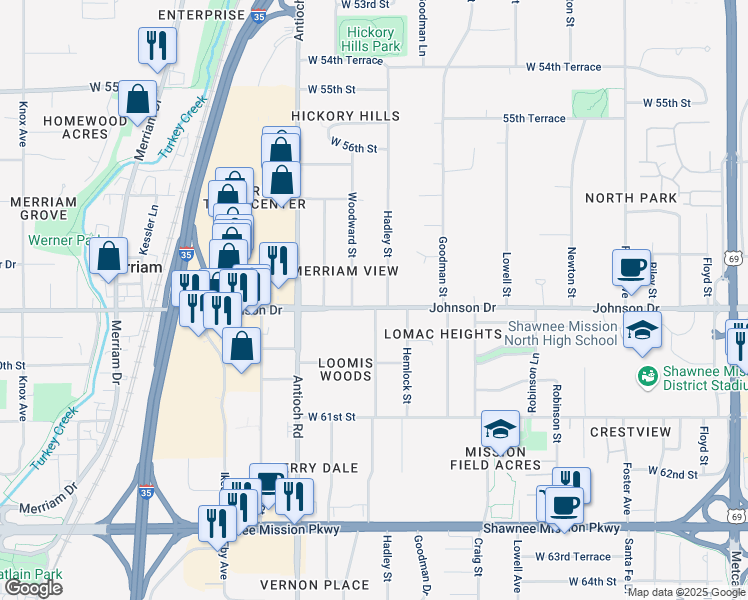 map of restaurants, bars, coffee shops, grocery stores, and more near 8408 Johnson Drive in Merriam