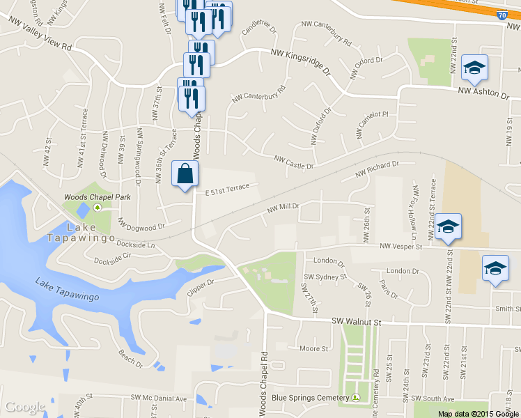 map of restaurants, bars, coffee shops, grocery stores, and more near 3229 Northwest Mill Drive in Blue Springs