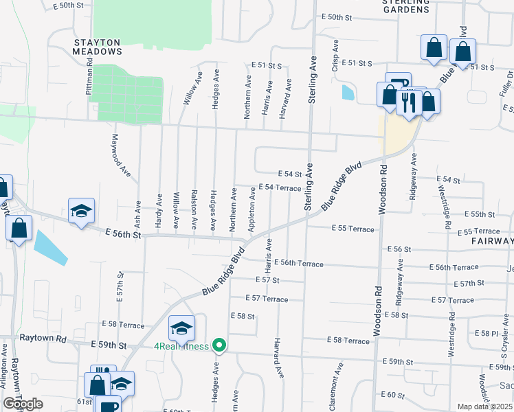 map of restaurants, bars, coffee shops, grocery stores, and more near 5501 Appleton Avenue in Raytown