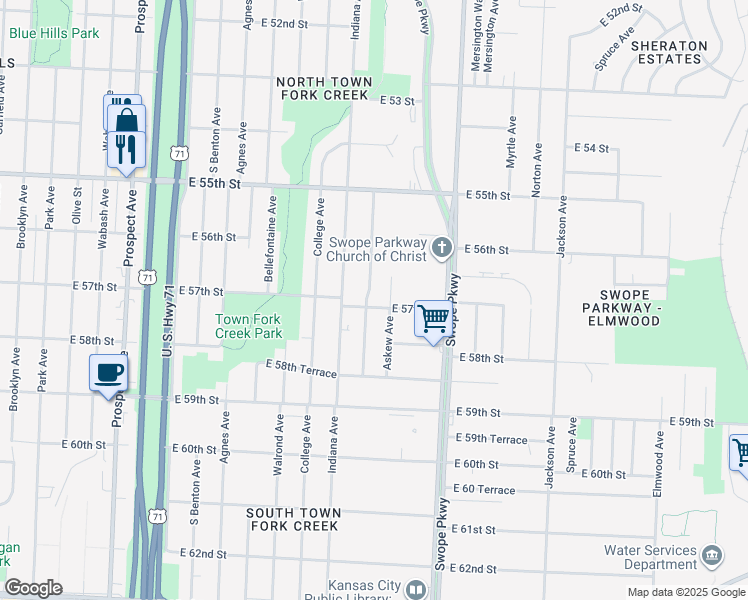 map of restaurants, bars, coffee shops, grocery stores, and more near 5663 Bales Ave in Kansas City