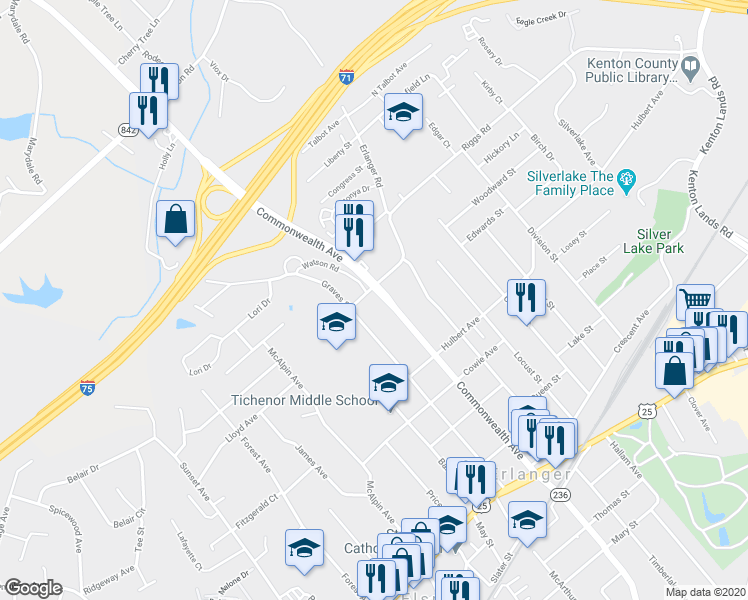 map of restaurants, bars, coffee shops, grocery stores, and more near 459 Commonwealth Ave in Erlanger