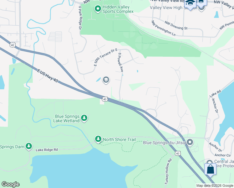 map of restaurants, bars, coffee shops, grocery stores, and more near 5224 South Powell Avenue in Blue Springs
