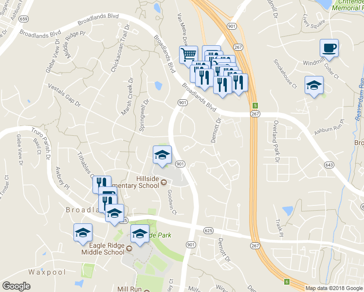 map of restaurants, bars, coffee shops, grocery stores, and more near 43085 Autumnwood Square in Ashburn
