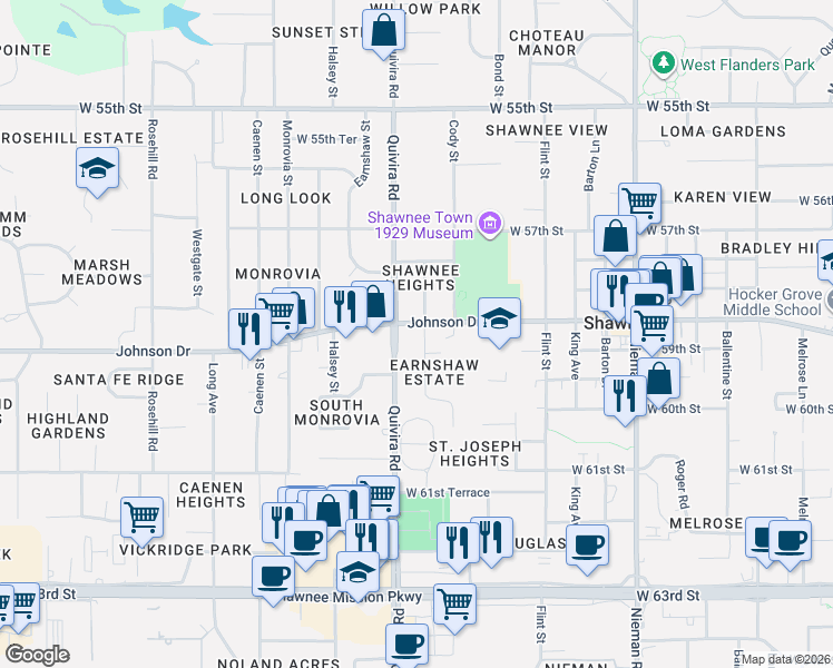 map of restaurants, bars, coffee shops, grocery stores, and more near in Shawnee