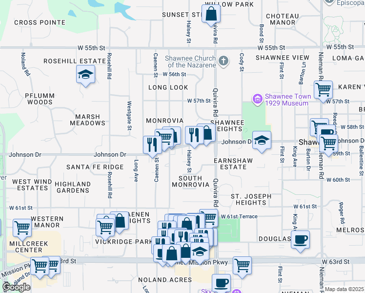 map of restaurants, bars, coffee shops, grocery stores, and more near 12103 Johnson Drive in Shawnee