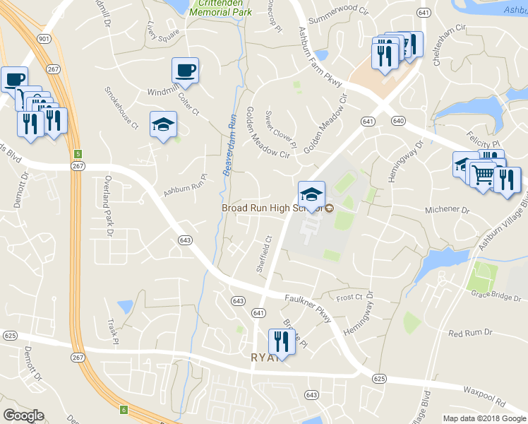 map of restaurants, bars, coffee shops, grocery stores, and more near 21470 Plymouth Place in Ashburn