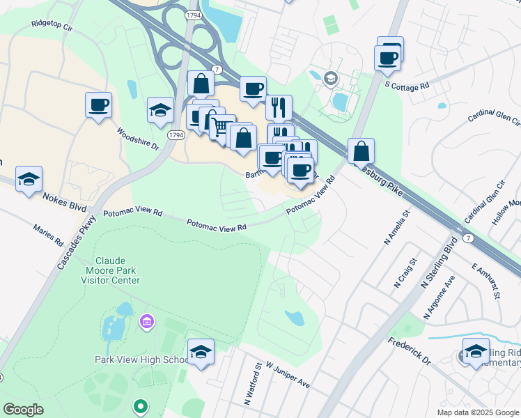 map of restaurants, bars, coffee shops, grocery stores, and more near 46330 Mount Kellogg Terrace in Sterling