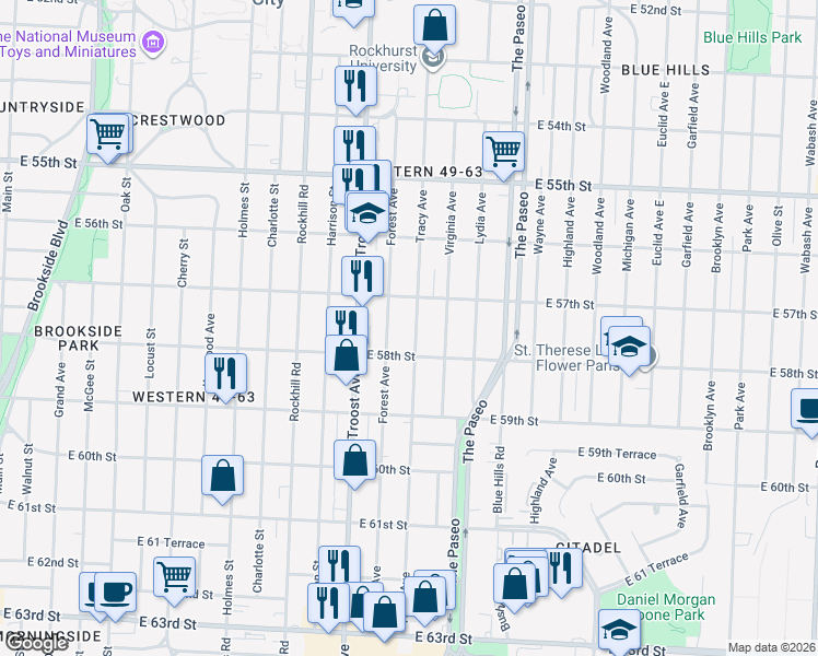 map of restaurants, bars, coffee shops, grocery stores, and more near 5718 Tracy Avenue in Kansas City