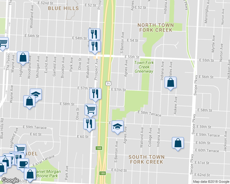 map of restaurants, bars, coffee shops, grocery stores, and more near 5706 South Benton Avenue in Kansas City