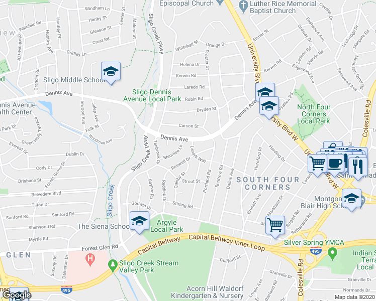 map of restaurants, bars, coffee shops, grocery stores, and more near 1026 Lanark Way in Silver Spring