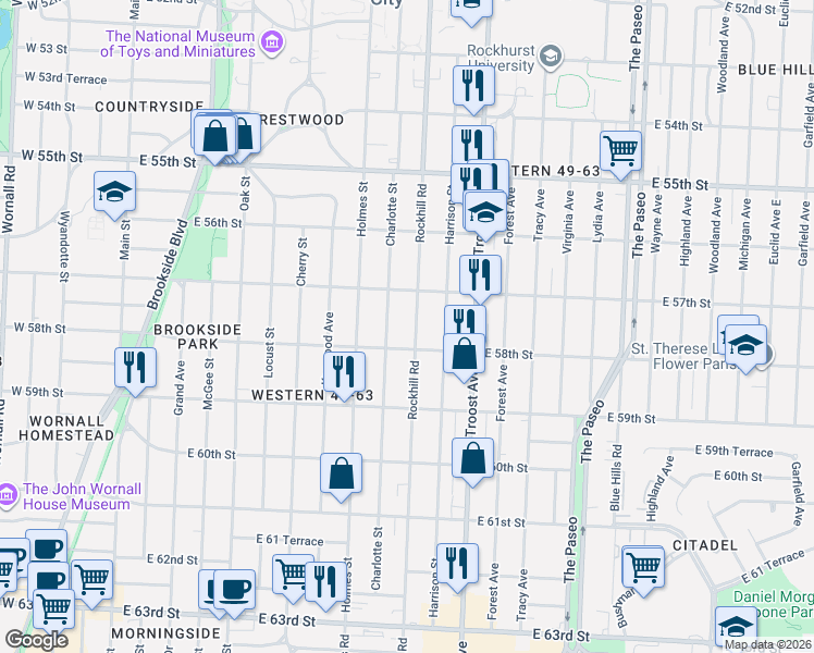 map of restaurants, bars, coffee shops, grocery stores, and more near 5732 Rockhill Road in Kansas City