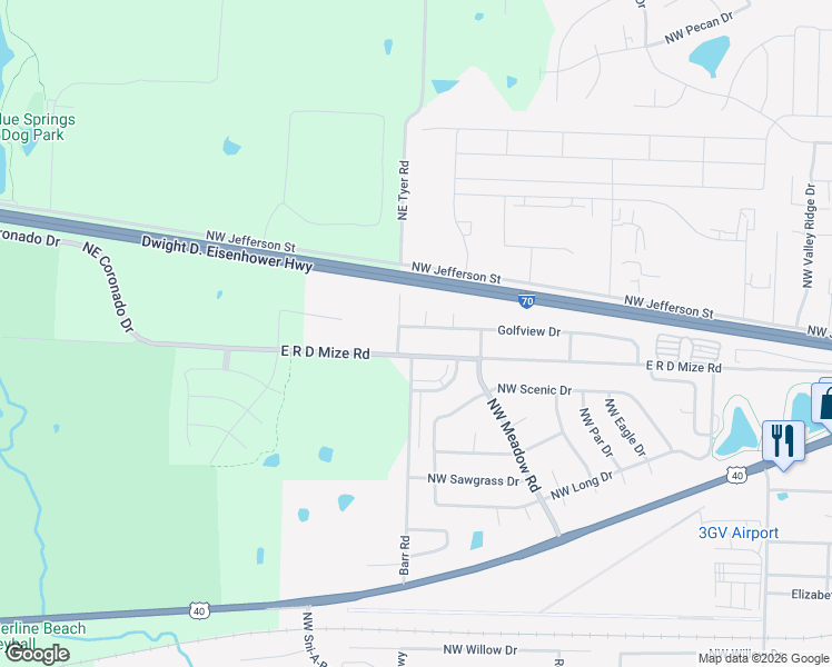 map of restaurants, bars, coffee shops, grocery stores, and more near 1321 Golfview Drive in Grain Valley