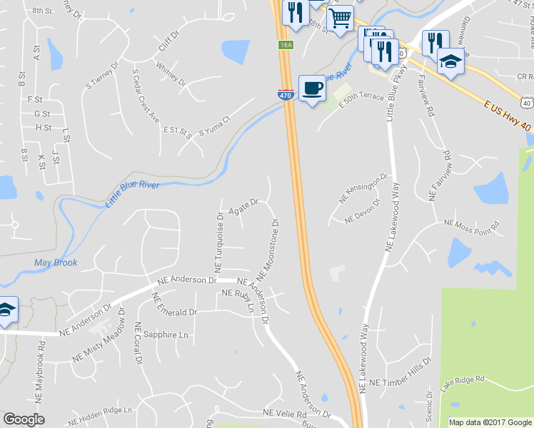 map of restaurants, bars, coffee shops, grocery stores, and more near 6050 Northeast Moonstone Drive in Lee's Summit