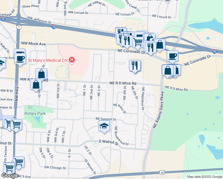 map of restaurants, bars, coffee shops, grocery stores, and more near 625 Northeast Sunnyside School Road in Blue Springs