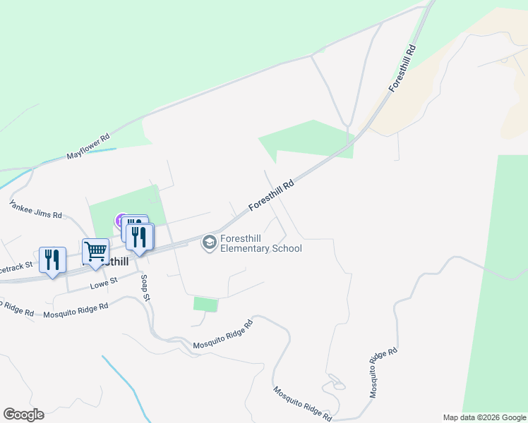 map of restaurants, bars, coffee shops, grocery stores, and more near 6010 Walters Way in Foresthill