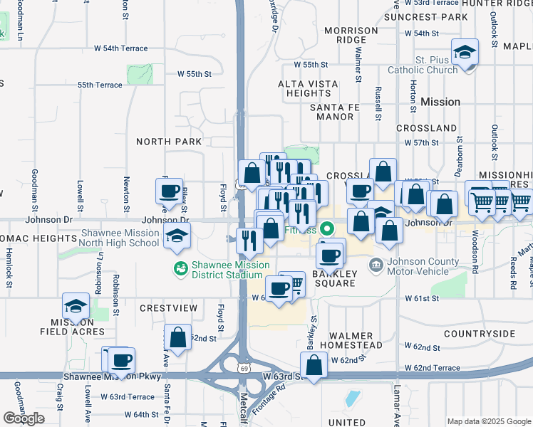 map of restaurants, bars, coffee shops, grocery stores, and more near 7002 Johnson Drive in Mission