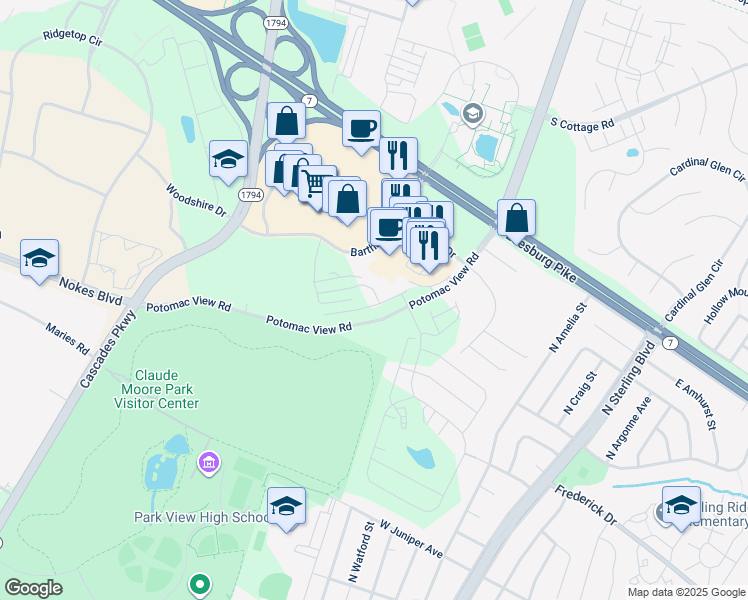 map of restaurants, bars, coffee shops, grocery stores, and more near 46330 Mount Kellogg Terrace in Sterling