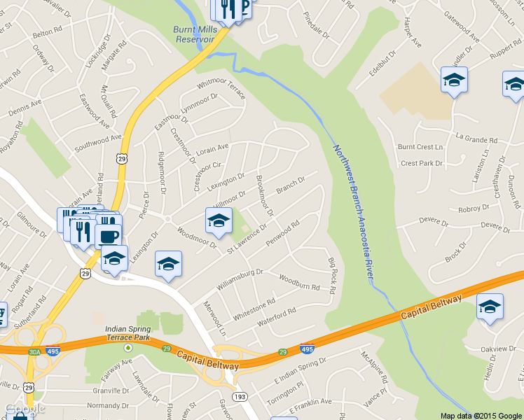 map of restaurants, bars, coffee shops, grocery stores, and more near 10206 Brookmoor Drive in Silver Spring