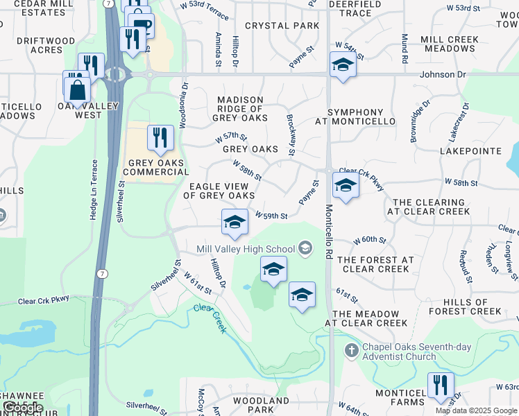 map of restaurants, bars, coffee shops, grocery stores, and more near 22210 West 59th Street in Shawnee