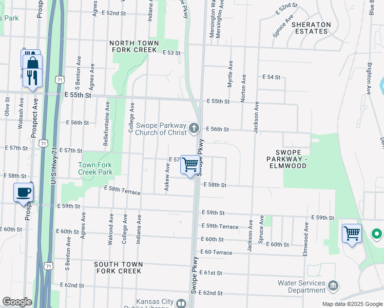 map of restaurants, bars, coffee shops, grocery stores, and more near 5644 Swope Parkway in Kansas City