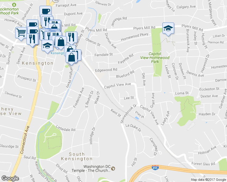map of restaurants, bars, coffee shops, grocery stores, and more near 10219 Meredith Avenue in Silver Spring