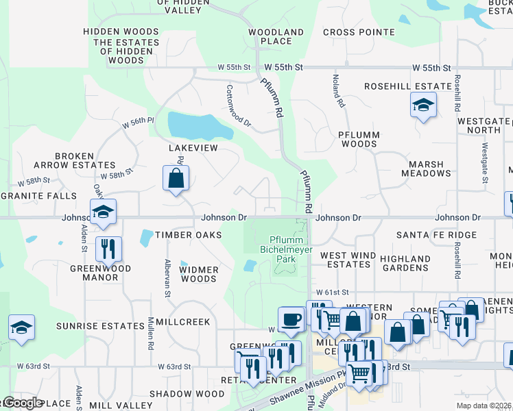 map of restaurants, bars, coffee shops, grocery stores, and more near 7 Park Street in Shawnee