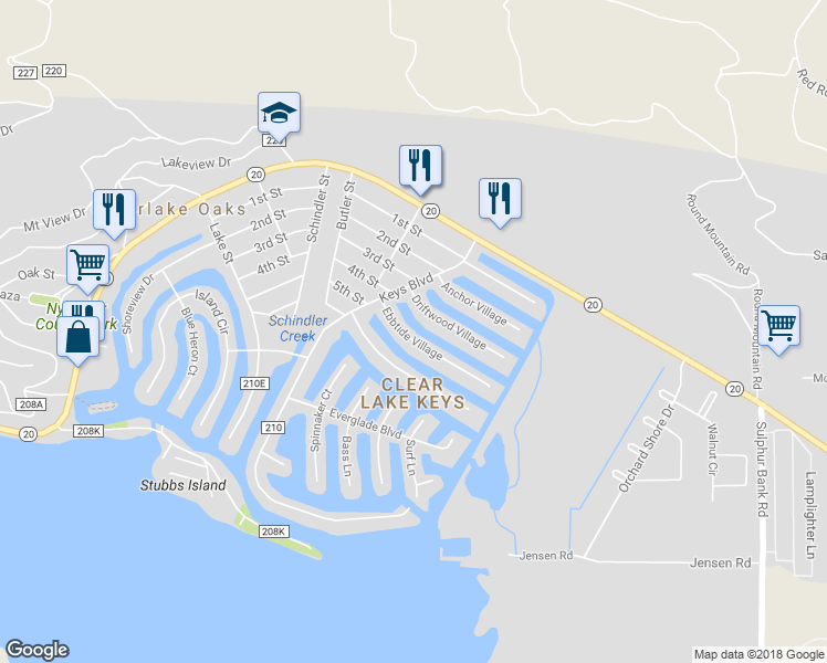 map of restaurants, bars, coffee shops, grocery stores, and more near 13218 Ebbtide Village in Clearlake Oaks