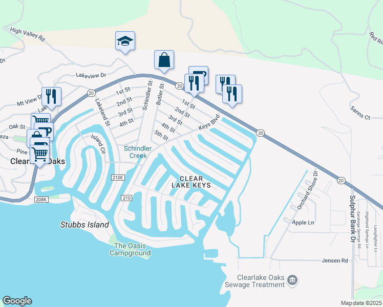 map of restaurants, bars, coffee shops, grocery stores, and more near in Clearlake Oaks