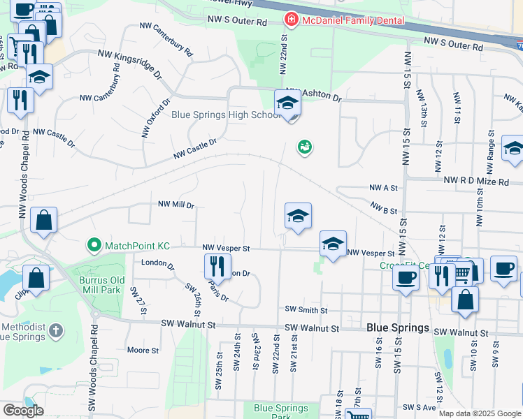 map of restaurants, bars, coffee shops, grocery stores, and more near 311 Northwest 22nd Street Terrace in Blue Springs