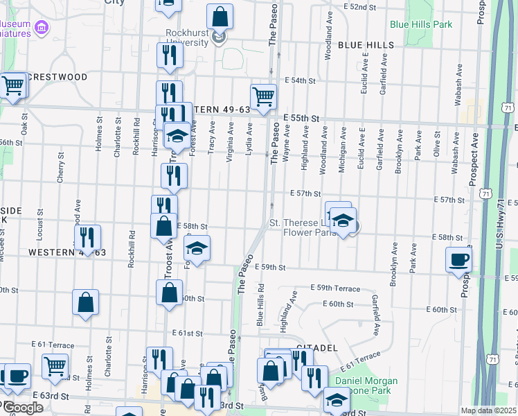 map of restaurants, bars, coffee shops, grocery stores, and more near 5720 The Paseo in Kansas City