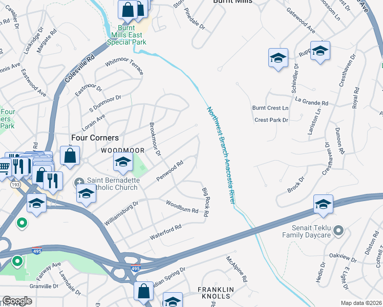 map of restaurants, bars, coffee shops, grocery stores, and more near 417 Penwood Road in Silver Spring
