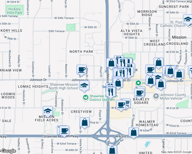 map of restaurants, bars, coffee shops, grocery stores, and more near 5841 Marty Street in Mission
