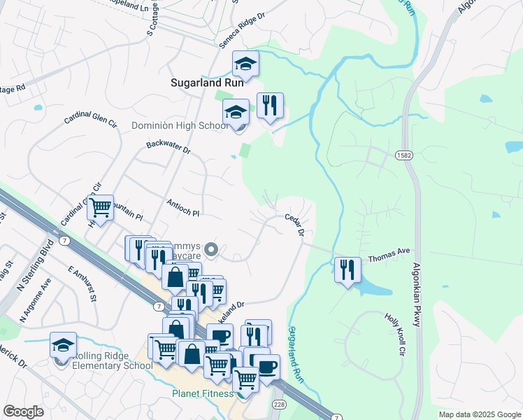 map of restaurants, bars, coffee shops, grocery stores, and more near 40 Cedar Drive in Sterling