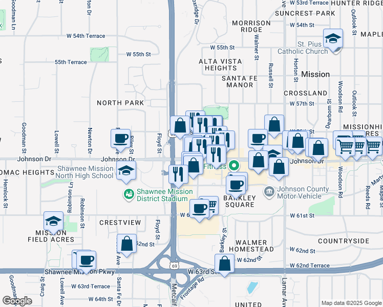 map of restaurants, bars, coffee shops, grocery stores, and more near 7002 Johnson Dr in Mission