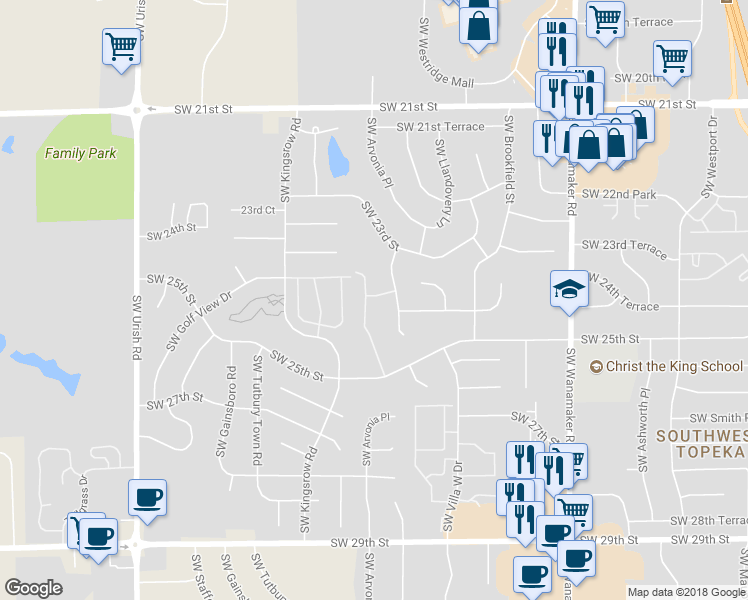 map of restaurants, bars, coffee shops, grocery stores, and more near 2403 Southwest Pepperwood Road in Topeka