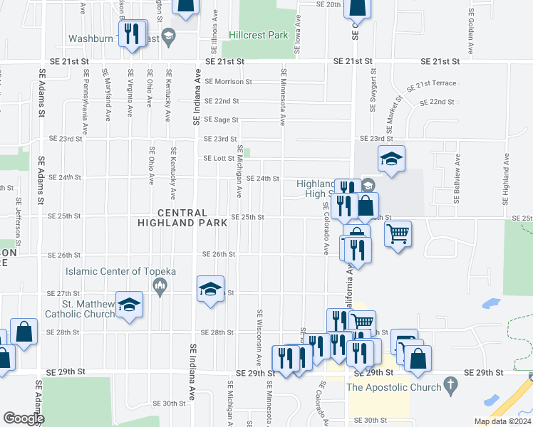 map of restaurants, bars, coffee shops, grocery stores, and more near 1600 Southeast 25th Street in Topeka