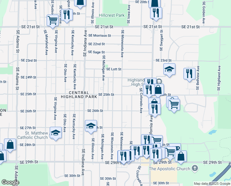 map of restaurants, bars, coffee shops, grocery stores, and more near 1600 Southeast 25th Street in Topeka