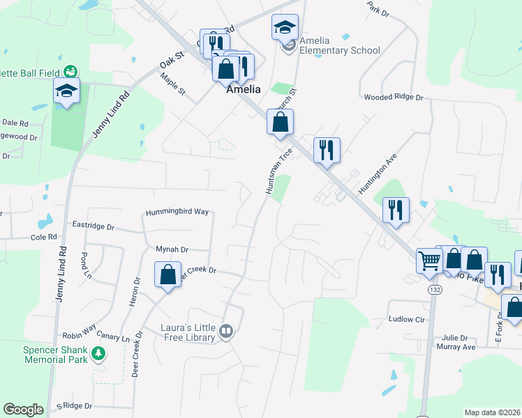 map of restaurants, bars, coffee shops, grocery stores, and more near 3361 Huntsman Trace in Amelia