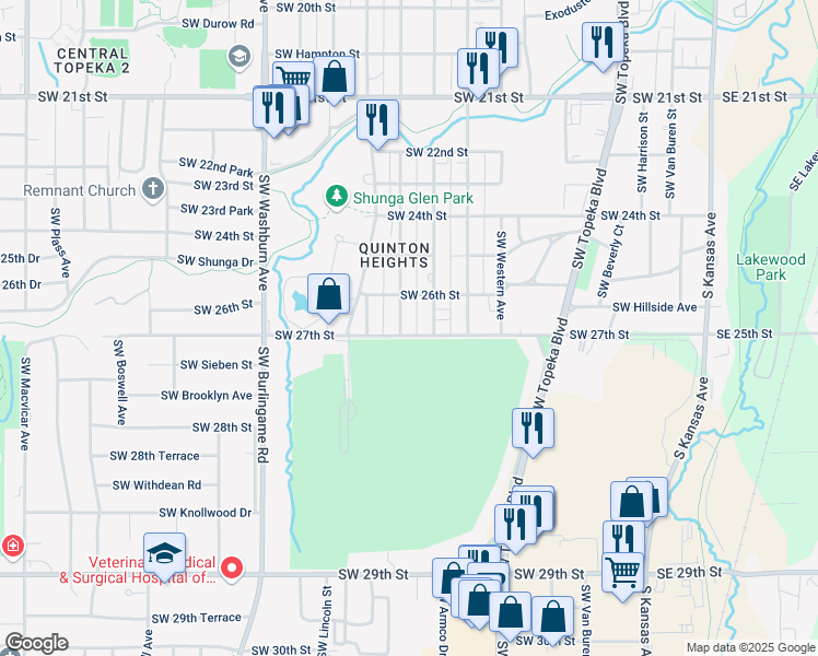 map of restaurants, bars, coffee shops, grocery stores, and more near 2624 Southwest Clay Street in Topeka