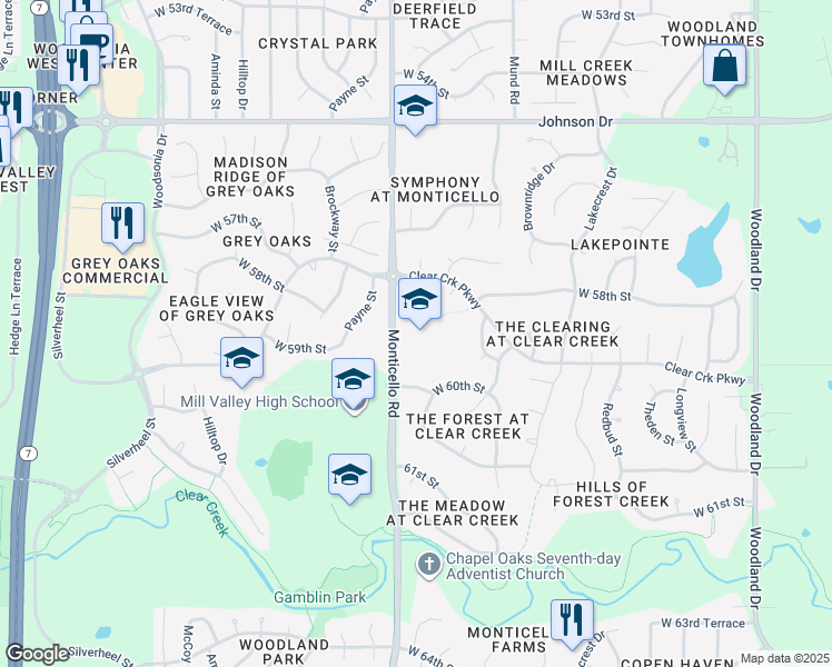 map of restaurants, bars, coffee shops, grocery stores, and more near 5815 Monticello Road in Shawnee