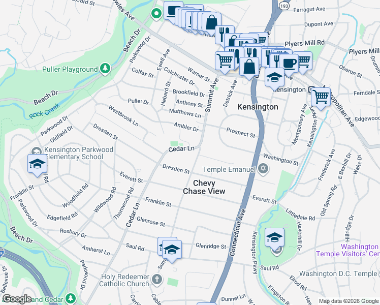 map of restaurants, bars, coffee shops, grocery stores, and more near 10149 Cedar Lane in Kensington