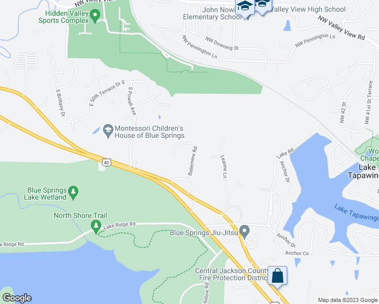 map of restaurants, bars, coffee shops, grocery stores, and more near 405 Bellemere Road in Blue Springs