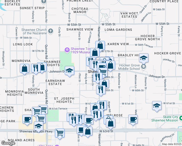 map of restaurants, bars, coffee shops, grocery stores, and more near 11209 Johnson Drive in Shawnee
