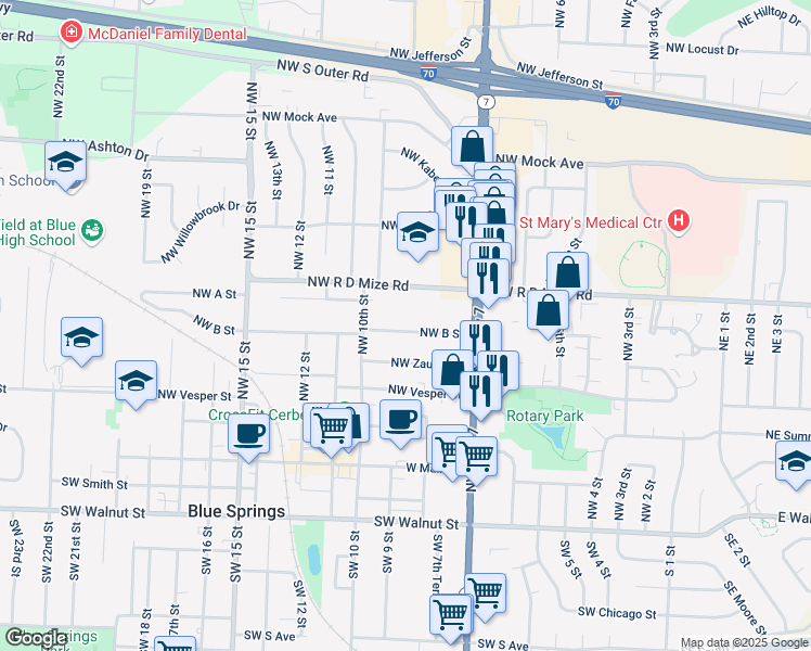 map of restaurants, bars, coffee shops, grocery stores, and more near 813 Northwest B Street in Blue Springs