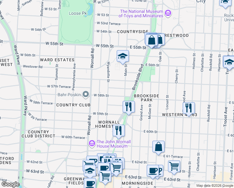 map of restaurants, bars, coffee shops, grocery stores, and more near 4 West 58th Street in Kansas City