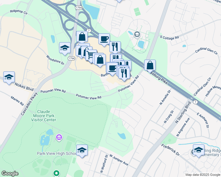 map of restaurants, bars, coffee shops, grocery stores, and more near 46344 Mount Kellogg Terrace in Sterling