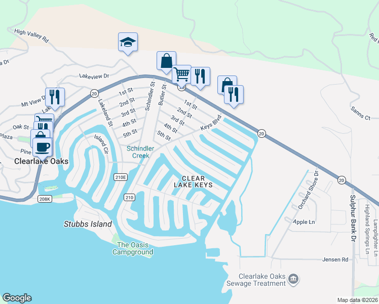 map of restaurants, bars, coffee shops, grocery stores, and more near 13238 Ebbtide Village in Clearlake Oaks