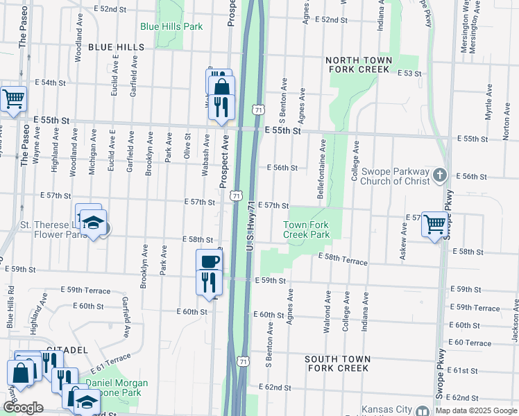 map of restaurants, bars, coffee shops, grocery stores, and more near 5703 Chestnut Avenue in Kansas City