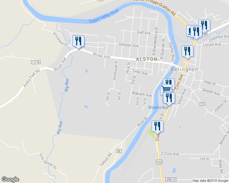 map of restaurants, bars, coffee shops, grocery stores, and more near 1 6th Street in Elkins
