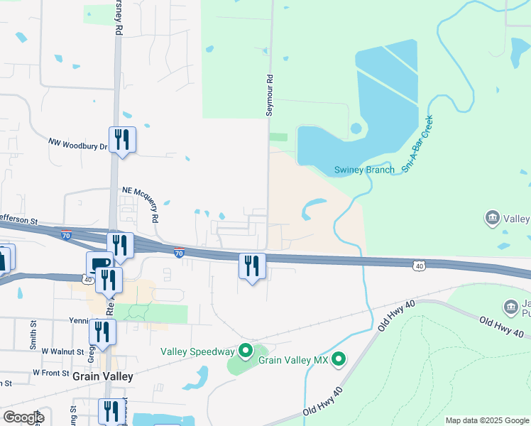 map of restaurants, bars, coffee shops, grocery stores, and more near 425 Northeast Wolf Creek Drive in Grain Valley
